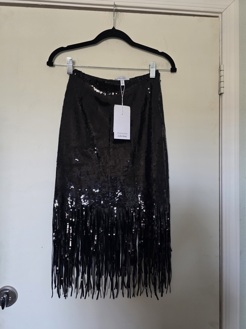 Fringe Sequin Midi Skirt - Black